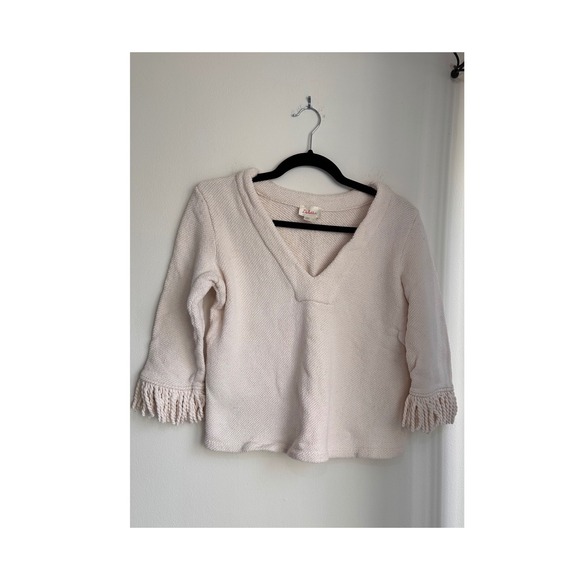 By Anthropologie Sweaters - Deletta Cream Textured Fringe Sleeve V Neck Sweater Top Women's Size S